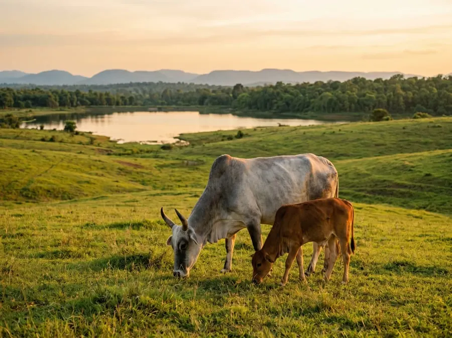A cow and her calf at golden hour