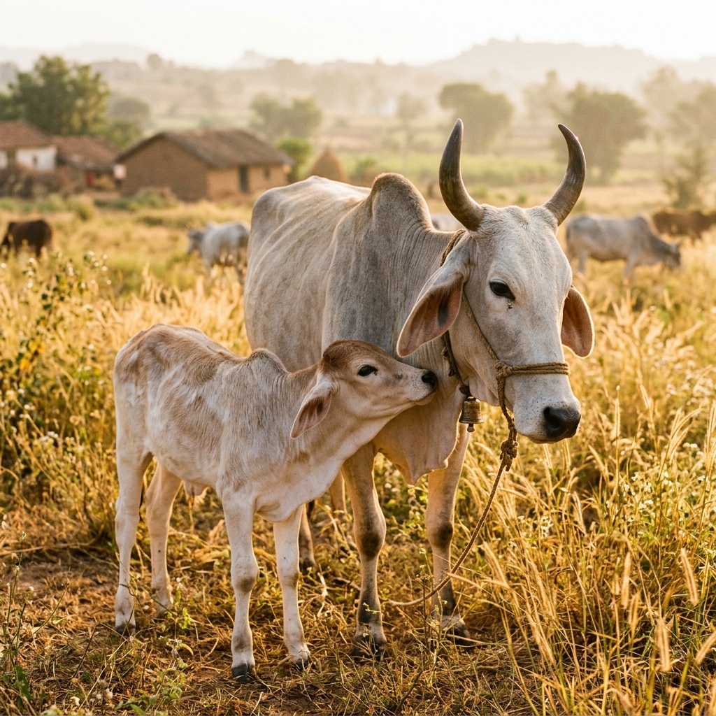 A calf nuzzling its mother