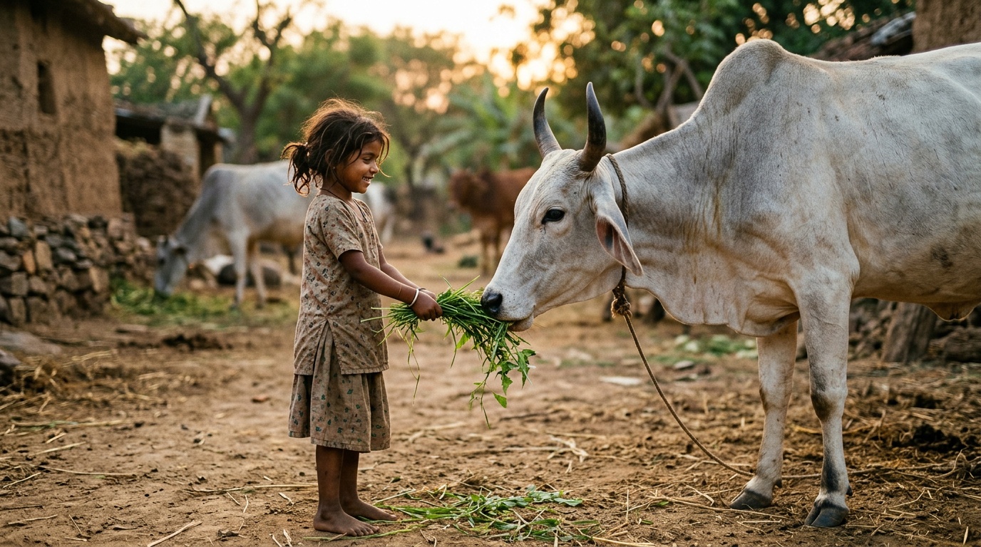 A child feeding a cow